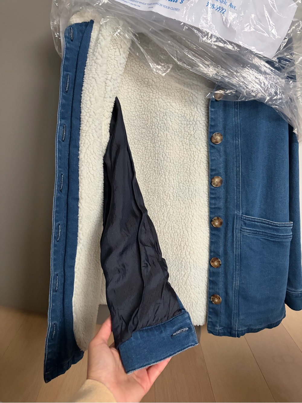 RARE Sezane Will Denim Jacket Indigo faux sheepskin/sherpa lining, size small - Picture 10 of 12